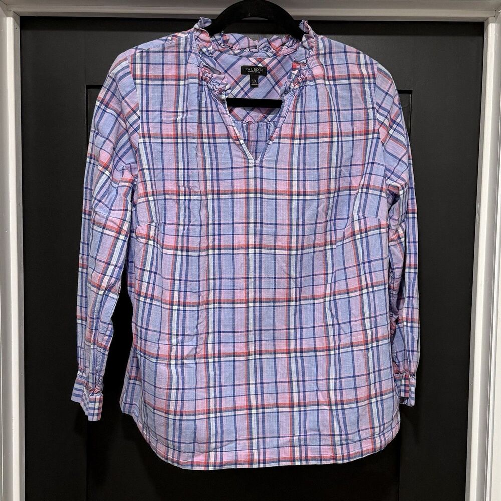 Talbots Top  Woman Petites Plus 1XP Blue Pink Plaid Ruffle Neck Popover Cotton